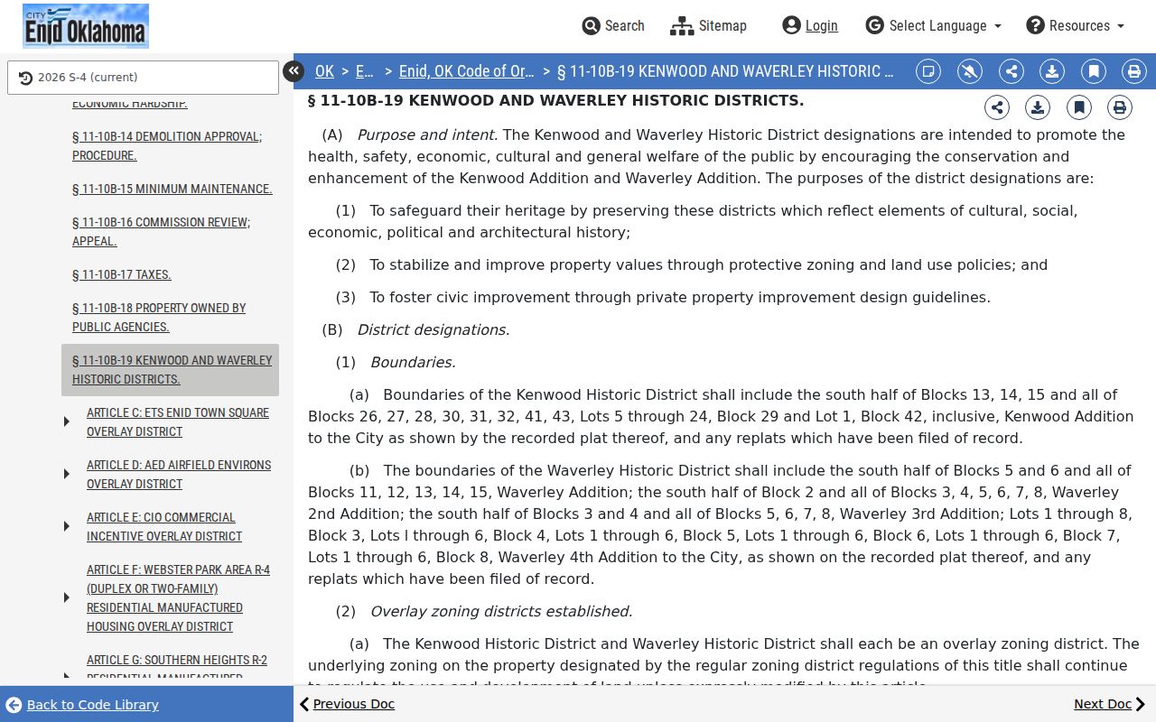 Enid neighbors source for municipal-code historic district and neighborhood boundary research