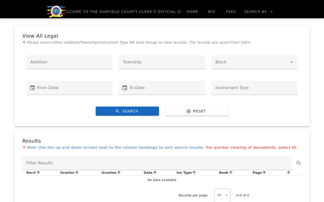 Garfield County legal index search page for Enid-area recorded documents