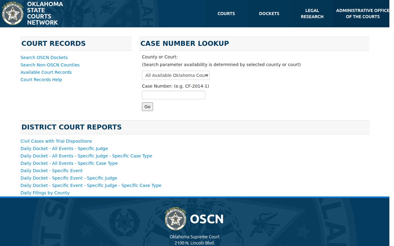 Oklahoma State Courts Network case-number lookup page